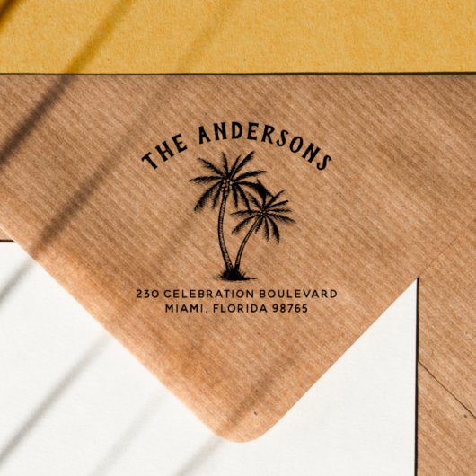 Palm Trees Curved Text Family Name Return Address Rubberstempel
