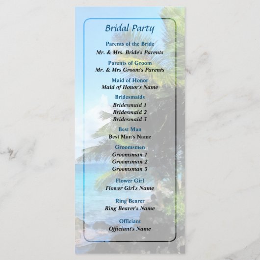 Palm Trees en Strand St. Thomas VI Huwelijksprogra Programmakaart (Achterkant)