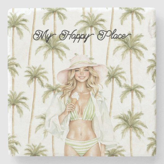 Palm Trees Happy Place Blond Lady Bathing Suit Stenen Onderzetter (Voorkant)