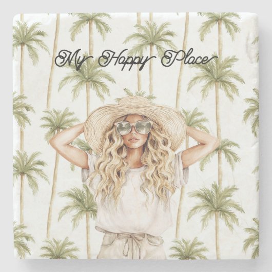 Palm Trees Happy Place Blond Lady Hat Stenen Onderzetter (Voorkant)