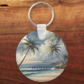 Palm Trees Hawaiian Travel Blue Sea Add Name Sleutelhanger (Achterkant)