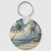 Palm Trees Hawaiian Travel Blue Sea Add Name Sleutelhanger (Achterkant)