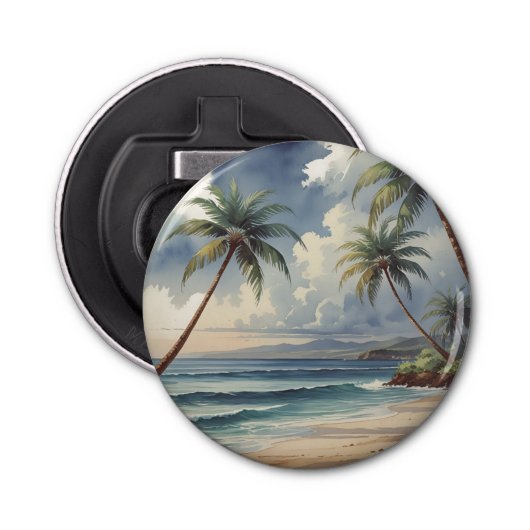 Palm Trees Hawaiian Travel Honolulu Blue Sea Button Flesopener (Voorkant)