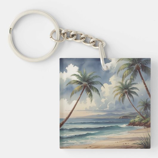 Palm Trees Hawaiian Travel Honolulu Blue Sea Sleutelhanger (voorkant)