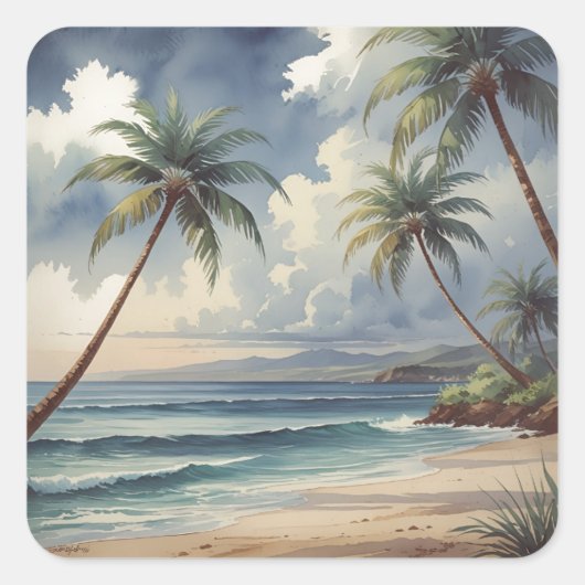 Palm Trees Hawaiian Travel Honolulu Blue Sea Vierkante Sticker (Voorkant)