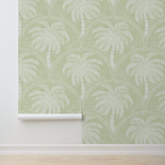 Palm Trees in Pastel Green Arch Motifs Textured Behang (Applicatie)