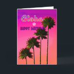 Palm Trees in the Sunset Birthday Card Kaart<br><div class="desc">Vier palmbomen,  in hoogte gestagneerd,  tegen een juweeltje zonsondergang. 'Happy Birthday' in het Engels en het Hawaïaans. Contacteer de ontwerper voor speciale verzoeken. © Copyright 2021 P.D.,  Patronen & schilderijen & Grafiek. Alle rechten voorbehouden.</div>