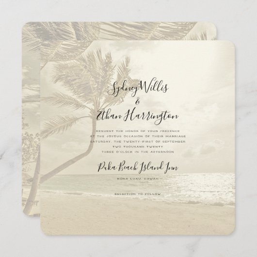 Palm Trees Island Beach Sepia Wedding Invitation Kaart (Voorkant / Achterkant)