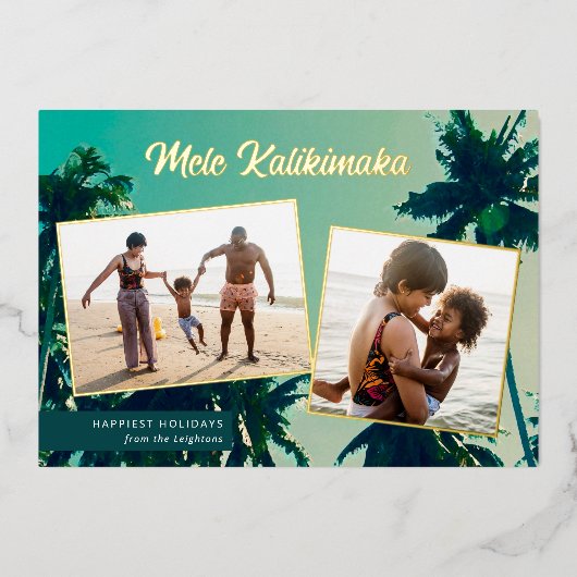 Palm Trees Mele Kalikimaka Two Photo Collage Folie Feestdagenkaart (Voorkant)