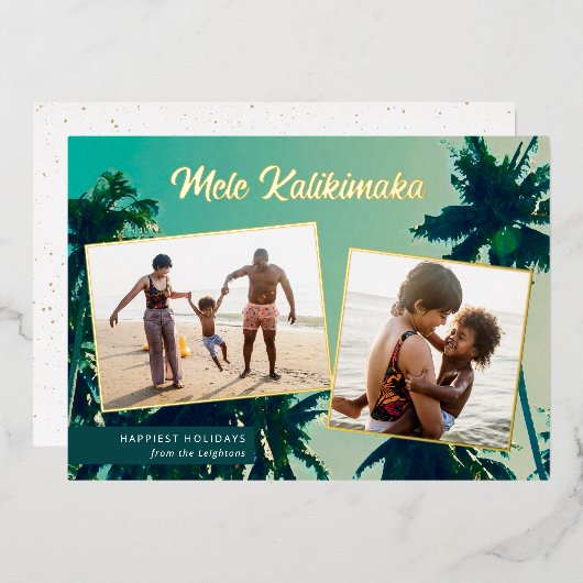 Palm Trees Mele Kalikimaka Two Photo Collage Folie Feestdagenkaart (Voorkant / Achterkant)