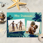 Palm Trees Mele Kalikimaka Two Photo Collage Folie Feestdagenkaart<br><div class="desc">Op zoek naar kerstkaarten met het strand om naar familie en vrienden te sturen? Deze verbluffende vakantiefotoerkaart kenmerkt een schilderij van palmbomen als achtergrond, evenals 2 fotomalplaatjes. De stijlvolle typografie leest, "Mele Kallikimaka"in echte folie, en de foto's worden ook in folie in beeld gebracht. Eenvoudig te personaliseren! De rug bevat...</div>