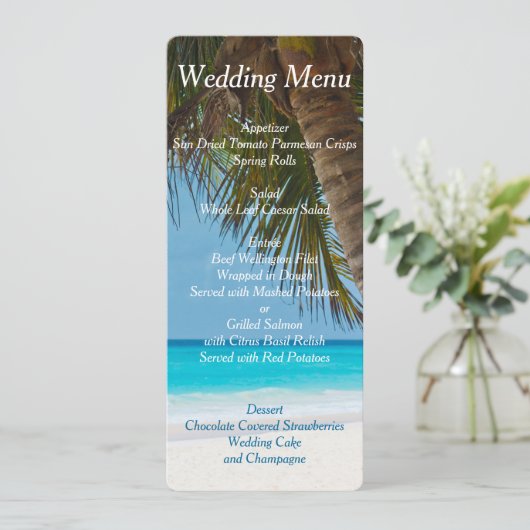 Palm Trees on Beach Wedding Menu Invitations (Staand voorkant)