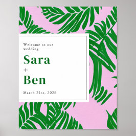 Palm Trees Pink + Green Beach Weddenschap Welkom Poster