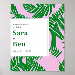 Palm Trees Pink + Green Beach Weddenschap Welkom Poster
