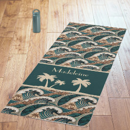 Palm Trees Polynesian Waves Vintage Beach Monogram Yogamat