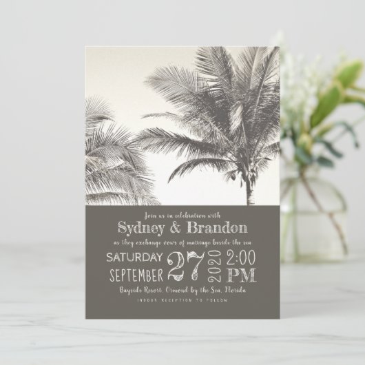 Palm Trees Sepia Typography Wedding Kaart (Staand voorkant)