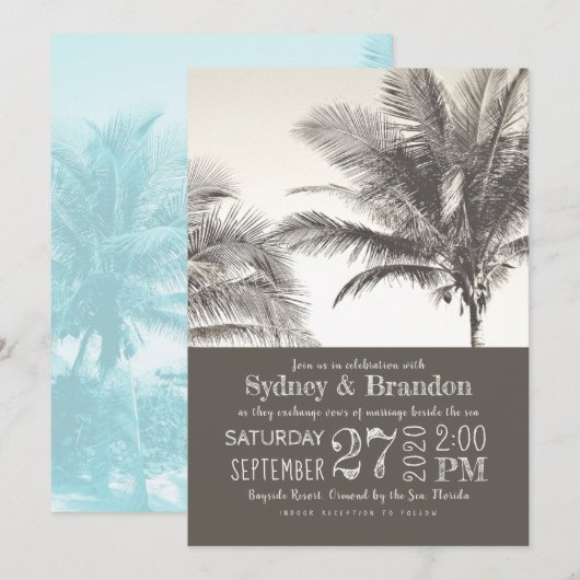 Palm Trees Sepia Typography Wedding Kaart (Voorkant / Achterkant)