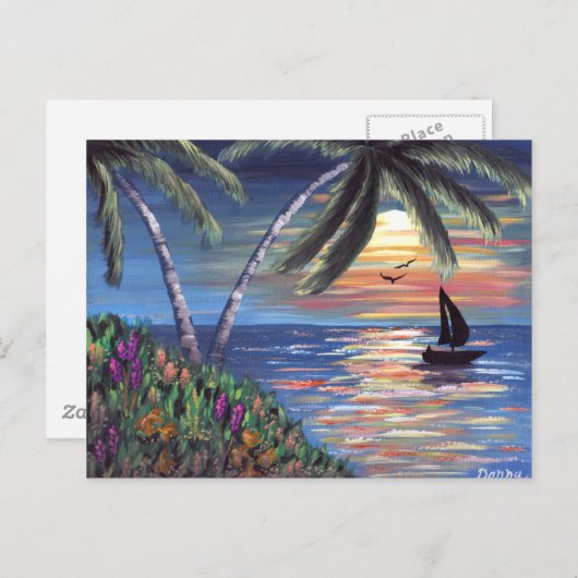 Palm Trees Sunset Ocean Painting Briefkaart (Voorkant / Achterkant)