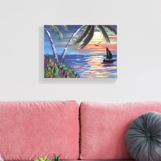 Palm Trees Sunset Ocean Painting Canvas Afdruk (Insitu (Woonkamer))