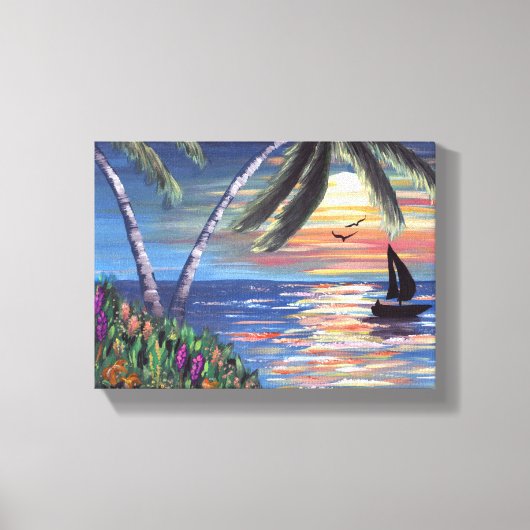Palm Trees Sunset Ocean Painting Canvas Afdruk (Voorkant)