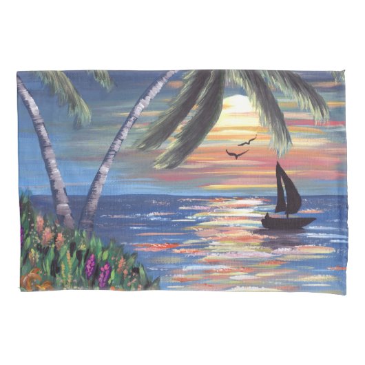Palm Trees Sunset Ocean Painting Kussensloop (Voorkant)