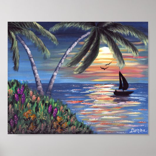 Palm Trees Sunset Ocean Painting Poster (Voorkant)