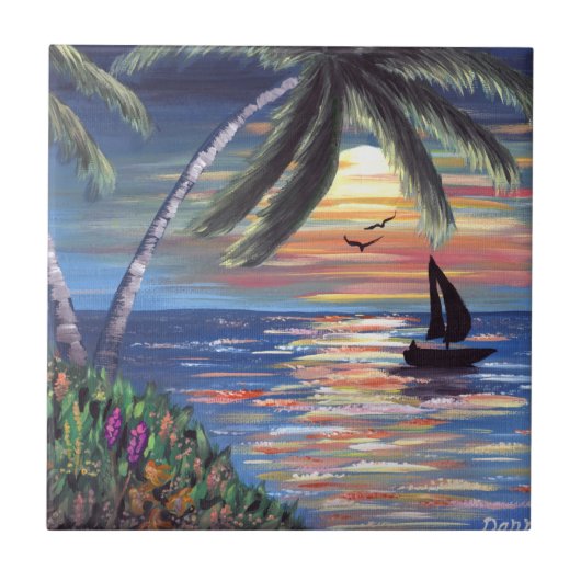 Palm Trees Sunset Ocean Painting Tegeltje (Voorkant)