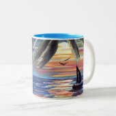 Palm Trees Sunset Ocean Painting Tweekleurige Koffiemok (Voorkant rechts)