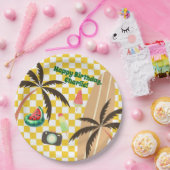Palm Trees Surfboard Geruit Zomerfeest Papieren Bordje (Feest)