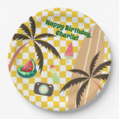 Palm Trees Surfboard Geruit Zomerfeest Papieren Bordje (Voorkant)