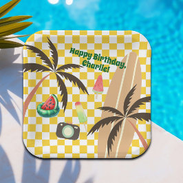 Palm Trees Surfboard Geruit Zomerfeest Papieren Bordje