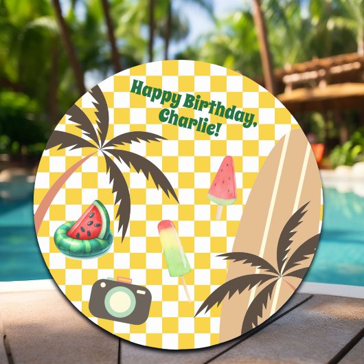 Palm Trees Surfboard Geruit Zomerfeest Ronde Sticker