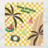 Palm Trees Surfboard Geruit Zomerfeest Wijn Etiket (Enkel label)