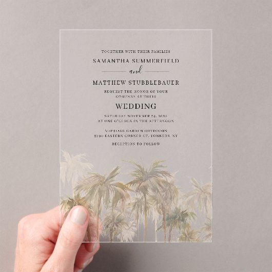 Palm Trees Tropical Beach Wedding Acryl Uitnodigingen (Insitu (Draagbaar))