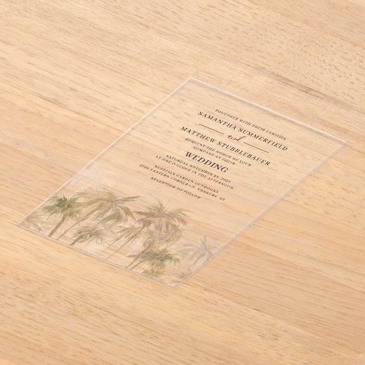 Palm Trees Tropical Beach Wedding Acryl Uitnodigingen (Laagn)