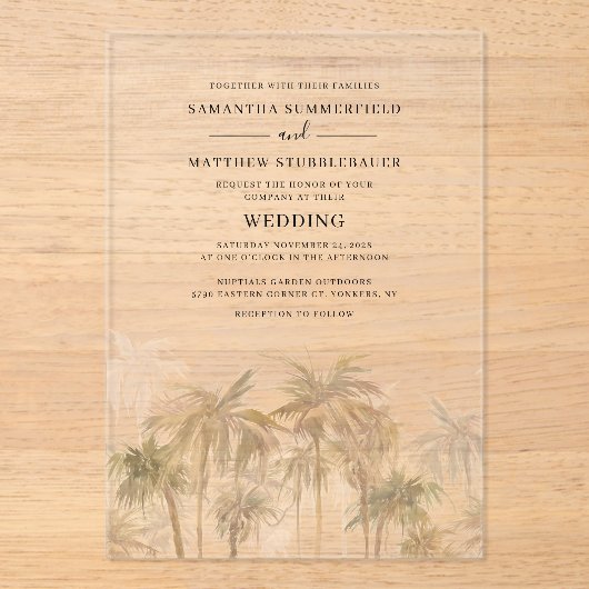 Palm Trees Tropical Beach Wedding Acryl Uitnodigingen (Voorkant)