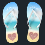 Palm Trees Tropical Beach Wedding Team Bride Heart Teenslippers<br><div class="desc">Gepersonaliseerde, trendy roos gouden strandstrand bruiloft flip flop sandals- Background is een tropische strandscène met palmbomen tegen een blauwe hemel en vol zonlicht met aqua turquoise water en zandig strand. Faux folie, roos gouden hartontwerp onderaan. Leest Team, dan Bride, op andere zandsteen in elegante stijlbrieven. Persoonlijke naam bovenaan in gekromde...</div>