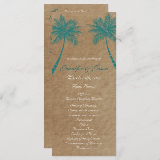 Palm Trees Tropical Blauwgroen Beach Wedding Progr Programmakaart (Voorkant / Achterkant)