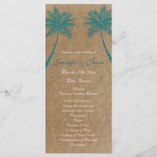 Palm Trees Tropical Blauwgroen Beach Wedding Progr Programmakaart (Voorkant)