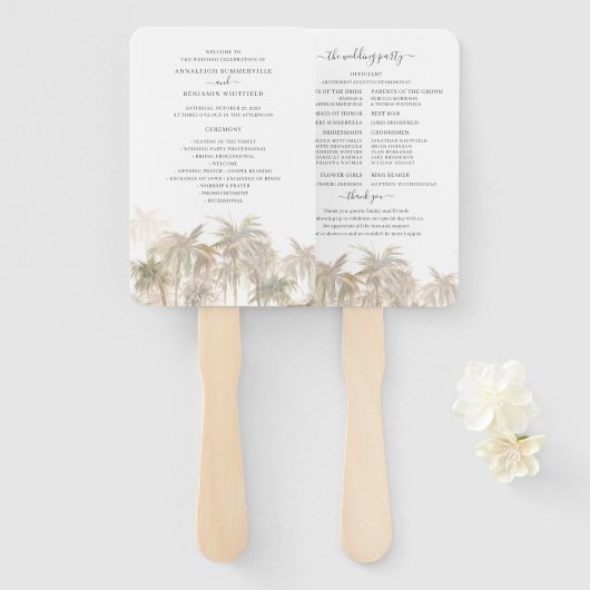 Palm Trees Tropical Modern Wedding Programme Handwaaier (Voorkant en achterkant)