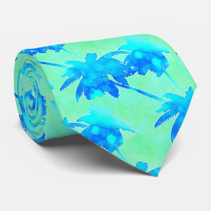 Palm Trees Tropical Pattern Bright Blue Green Stropdas