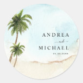 Palm Trees Tropische Strand Bestemming Bruiloft Ronde Sticker (Voorkant)