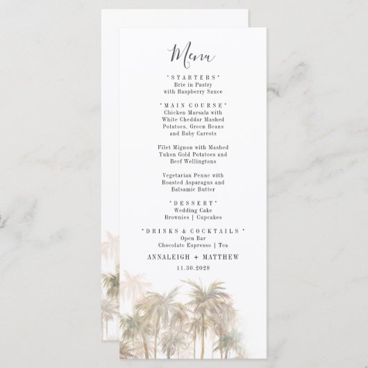 Palm Trees Waterverf Coastal Wedding Menu (Voorkant / Achterkant)