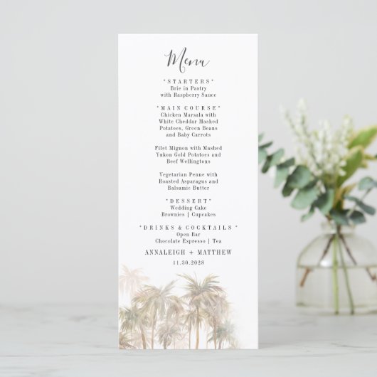 Palm Trees Waterverf Coastal Wedding Menu (Staand voorkant)