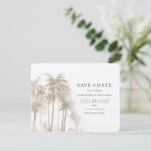 Palm Trees Waterverf Kustbestemming Save The Date (Staand voorkant)