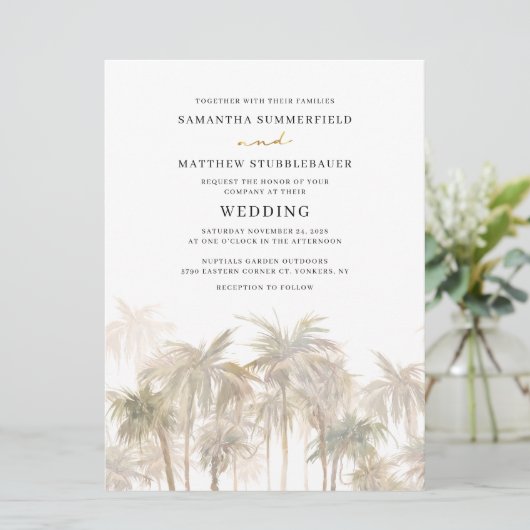 Palm Trees Waterverf Moderne bruiloft Kaart (Staand voorkant)