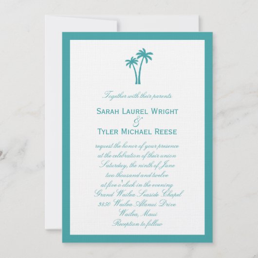 Palm Trees Wedding Invitation - White/Aqua Kaart (Voorkant)
