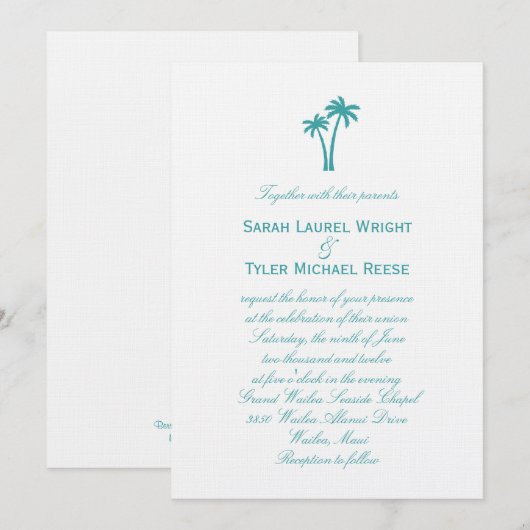 Palm Trees Wedding Invitation - White/Aqua Kaart (Voorkant / Achterkant)