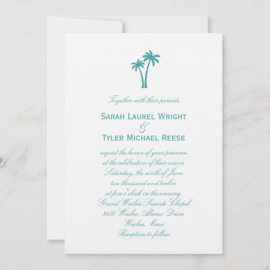 Palm Trees Wedding Invitation - White/Aqua Kaart (Voorkant)