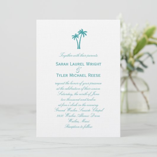 Palm Trees Wedding Invitation - White/Aqua Kaart (Staand voorkant)
